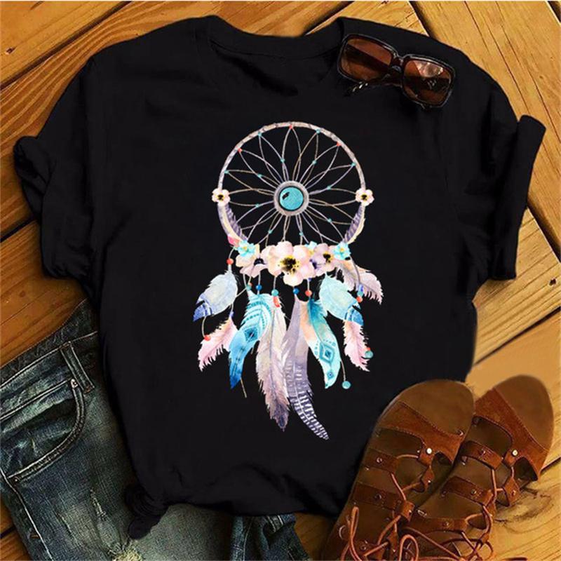Maycaur Women Summer Short Sleeve Dreamcatcher Feather 3D Print Lady T-shirts Top T Shirt Tee T-Shirt