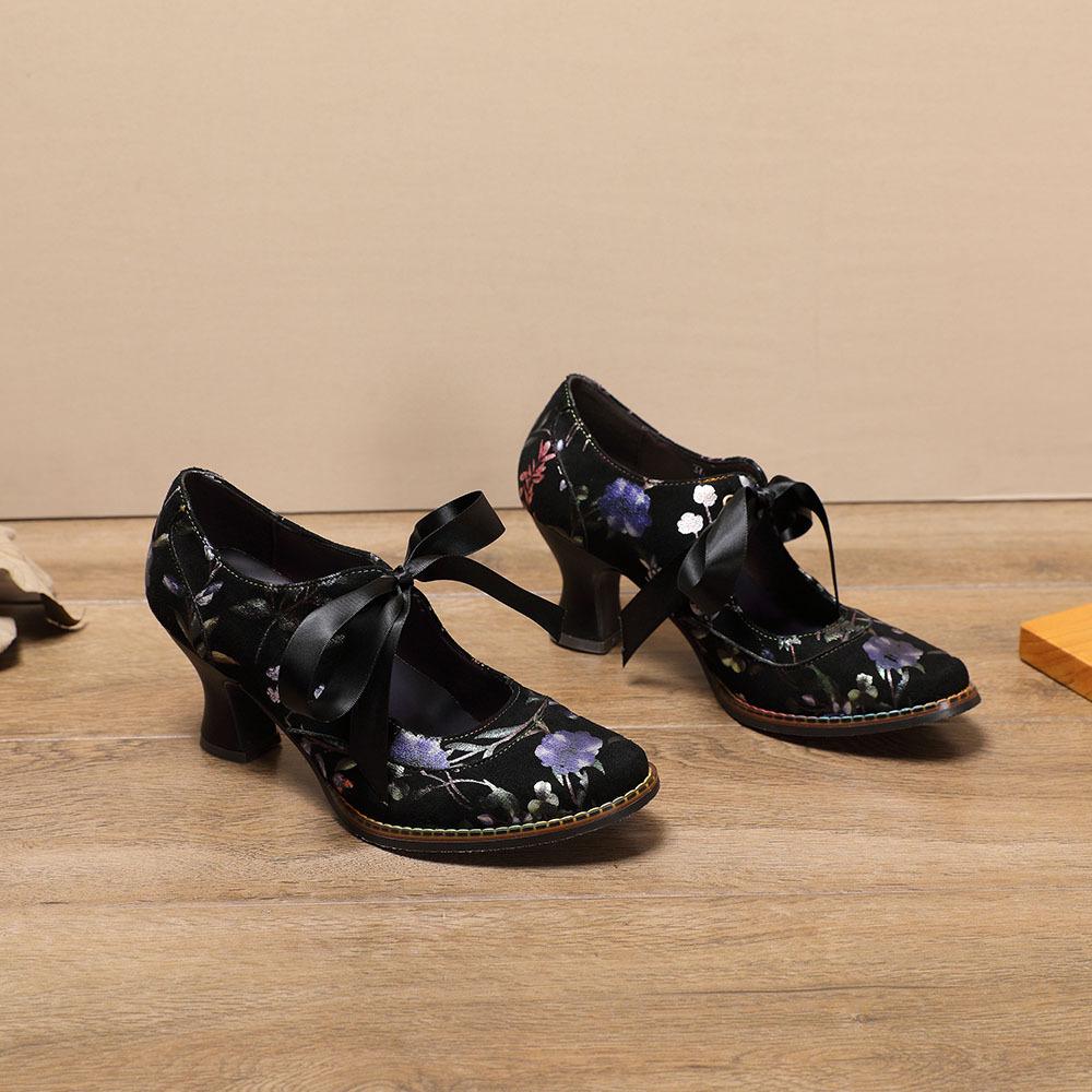 Johnature Женская обувь, весенние туфли-лодочки в стиле ретро, ​​женские туфли ручной работы на высоком каблуке с круглым носком, со шнуровкой и милым принтом