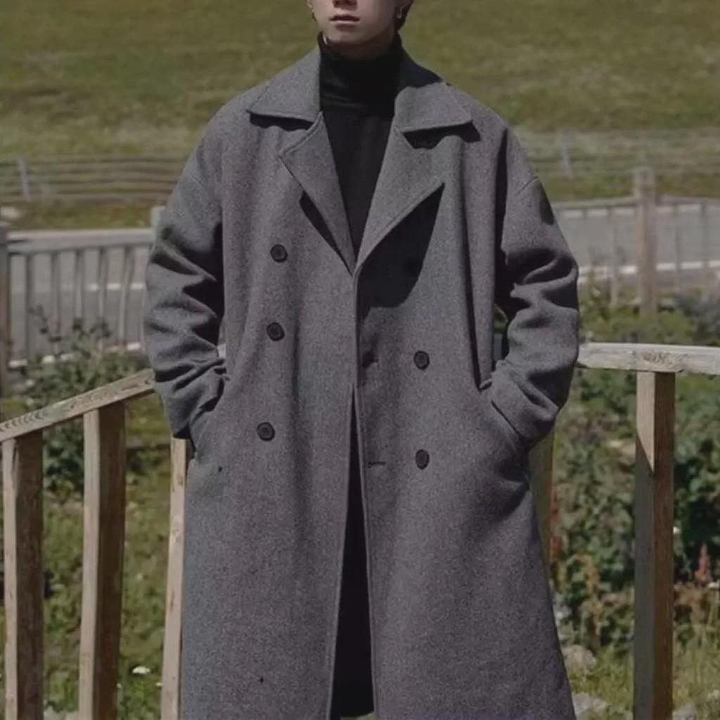 Men's Mid-Length Double-Breasted Wool Coat with Suit Collar