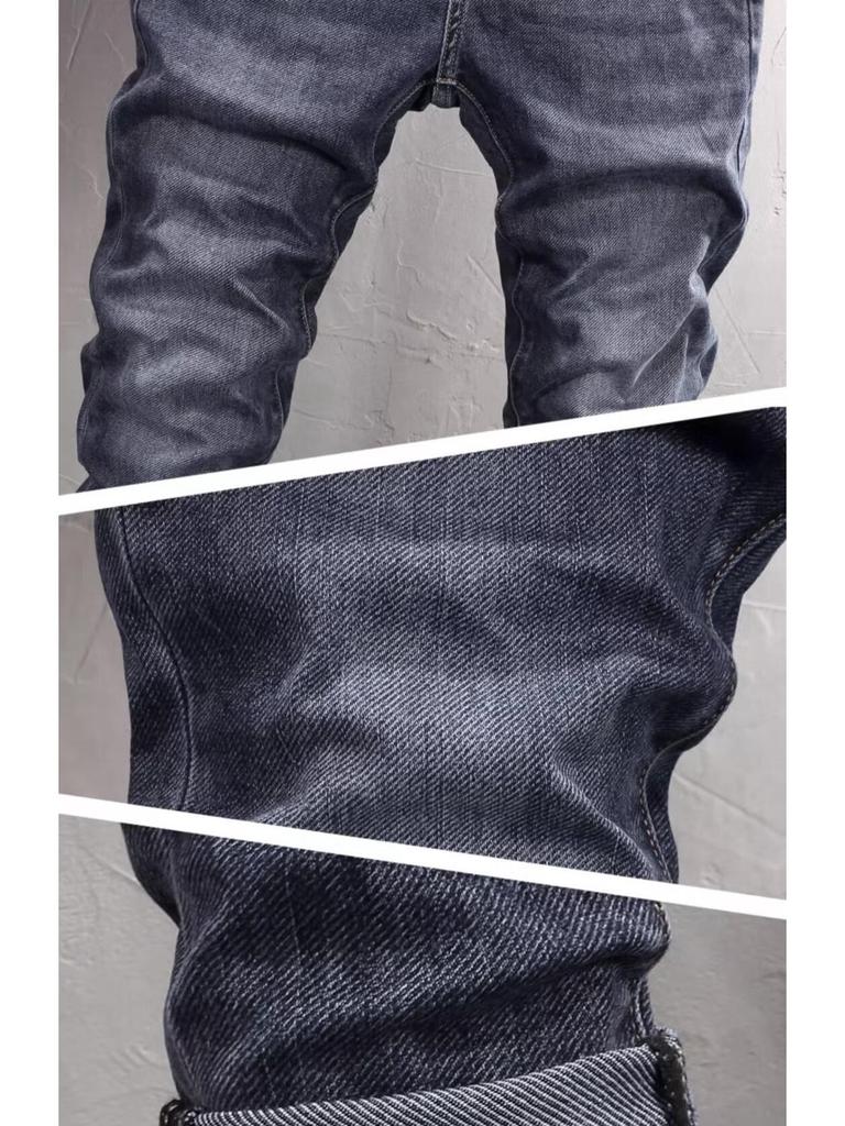 Мужские джинсы облегающего кроя в корейском стиле темно-синего цвета - Модные, Универсальные, Эластичные для весны/лета.