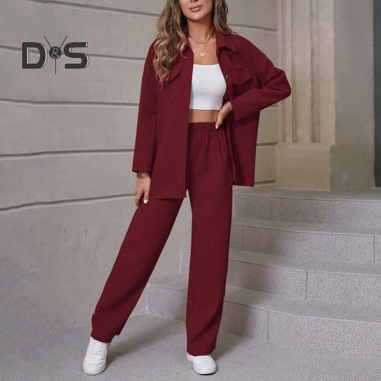 2 Pcs/Set Fall Spring Women Shirt Pants Set Long Sleeves Lapel Button-down Blouse with Chest Pocket Elastic Waist Trousers OL Commuting Sport