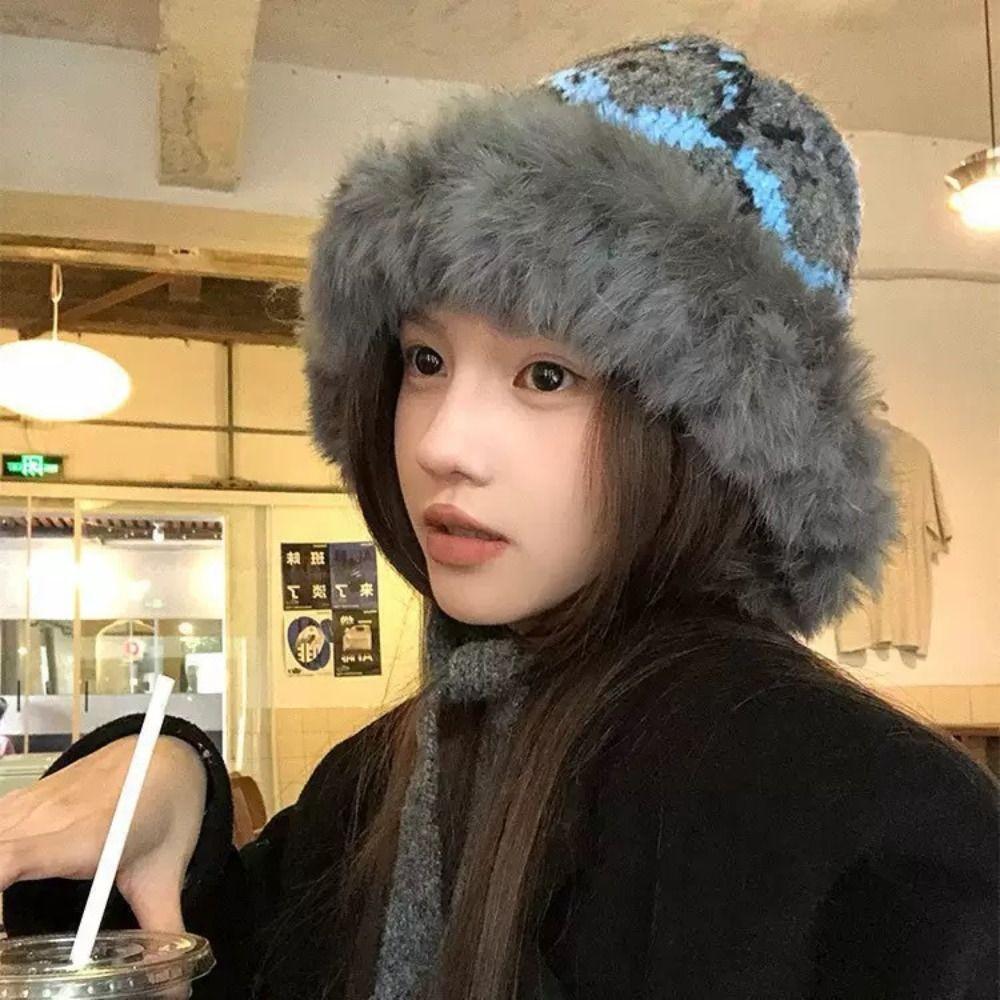 Windproof Faux Fur Lei Feng Hat Ethnic Style Pullover Beanie Hat Knitted Plush Hat  Autumn Winter