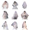 Elegant Bridal Lace Veil Women Pearl Tulle Bachelorette Party White Veil with Rhinestone for Wedding Performances