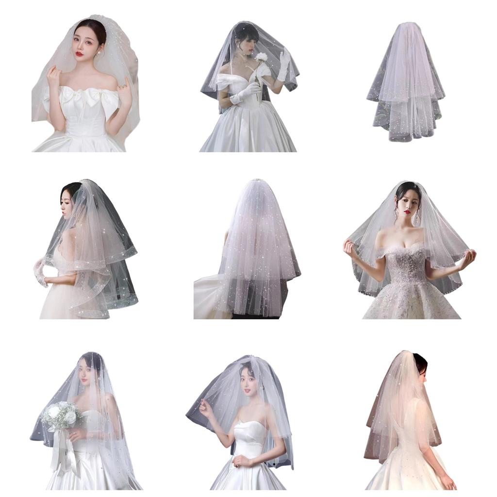 Elegant Bridal Lace Veil Women Pearl Tulle Bachelorette Party White Veil with Rhinestone for Wedding Performances