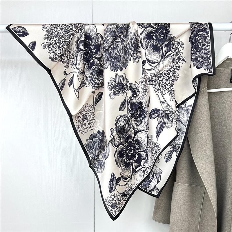 88*88cm 100% Mulberry Silk Retro Floral Garden Oil Painting Pattern Square Scarf Thin Sunblock Beach Towel Shawl Neckerchief