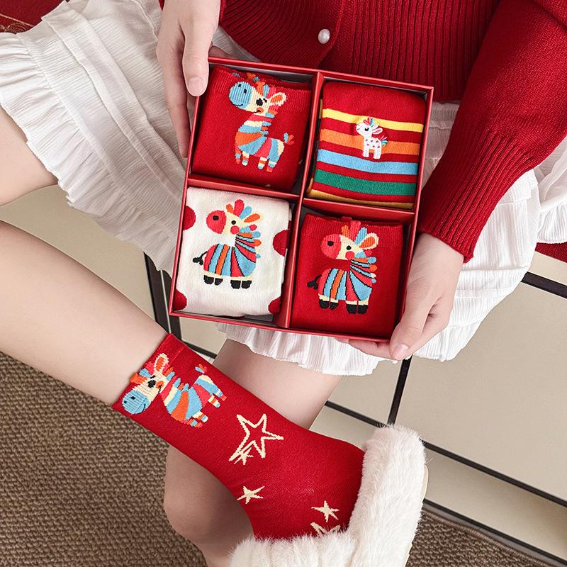 Gift Box Red Socks Pure Cotton Medium Tube Socks Season Cute Cartoon Year Of The Horse Big Red Stockings Women