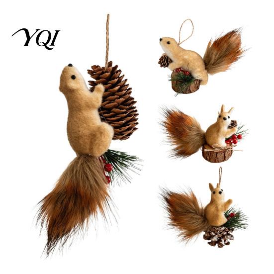 Cute Fluffy Squirrel Figurine Christmas Ornaments for Tree, Felt Plush Woodland with Pine Soft Fabric Animal Pendant Cone, Hanging Forest Decoration