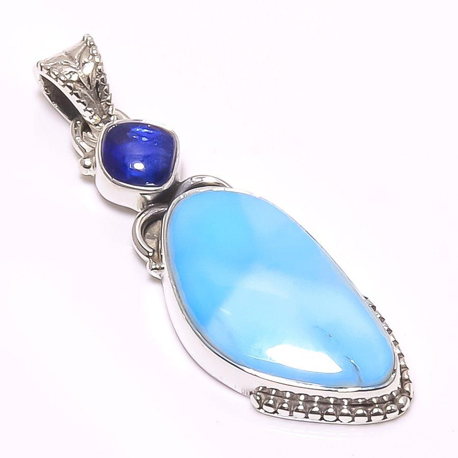 Natural Republic Larimar, Kyanite 925 Solid Sterling Silver Pendant 1.65" L6V50