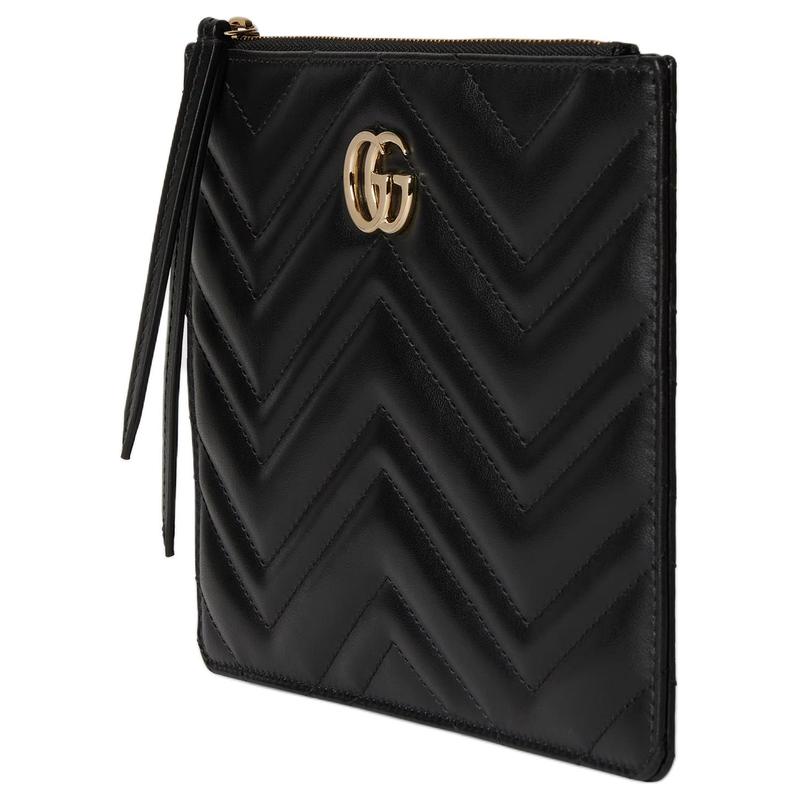 Gucci GG Marmont Light Gold Hardware Zipper Closure Leather Clutch Small Women's Black