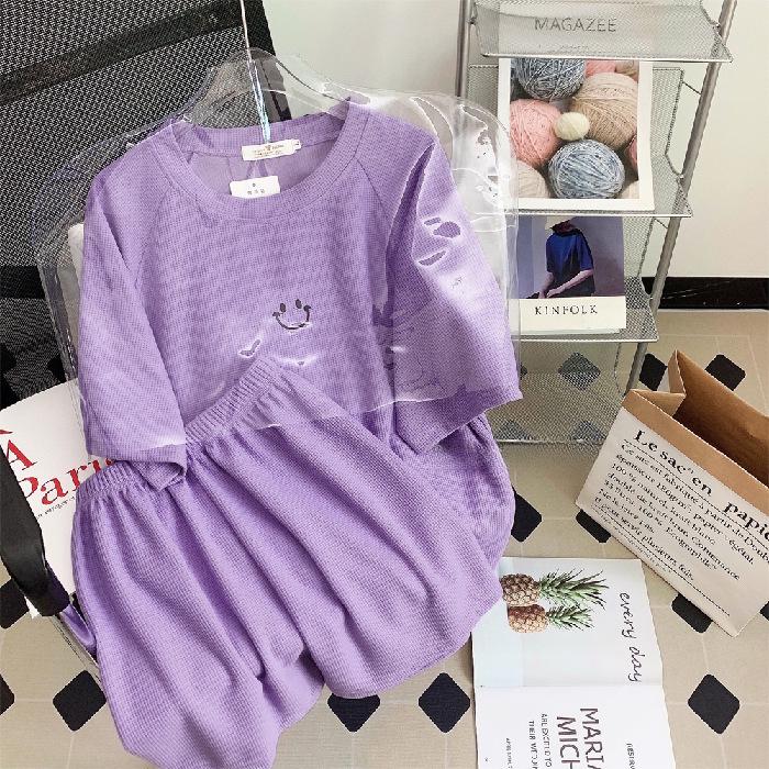 Женская вафельная пижама с длинными рукавами: Смайлик, Из двух частей, Круглый вырез, Милая домашняя одежда