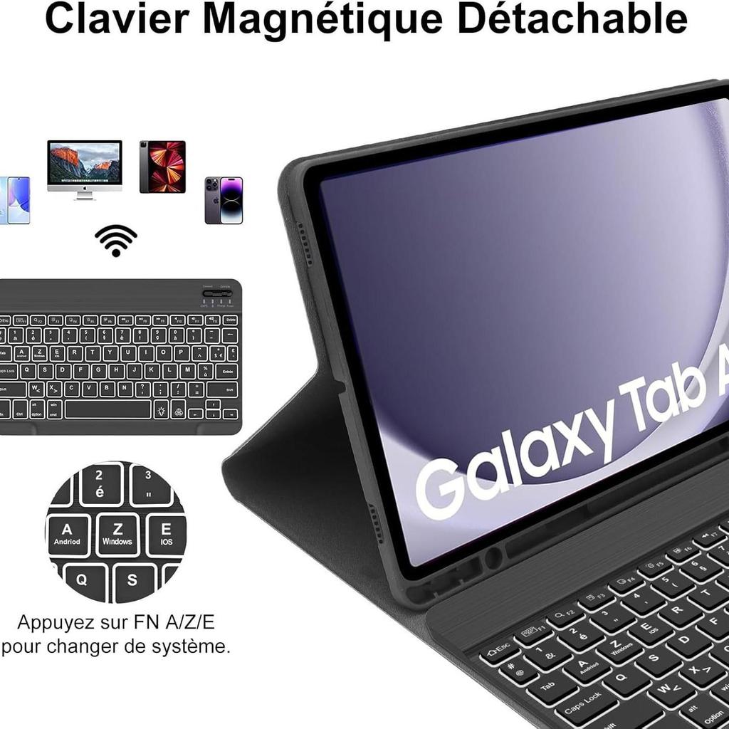 Samsung Tablet A9+ Bluetooth Keyboard Case with Backlit French Layout and Magnetic Attachment