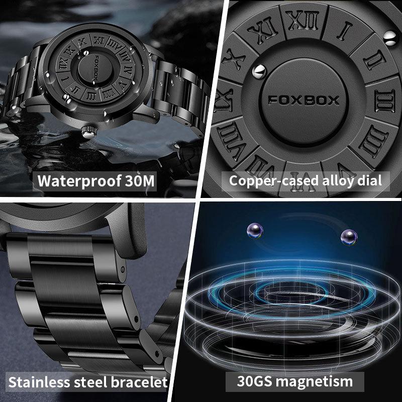 FOXBOX Magnetic Ball Watch, No-Glass Floating Black Tech Quartz Wristwatch, Cool Unisex Personalized Timepiece