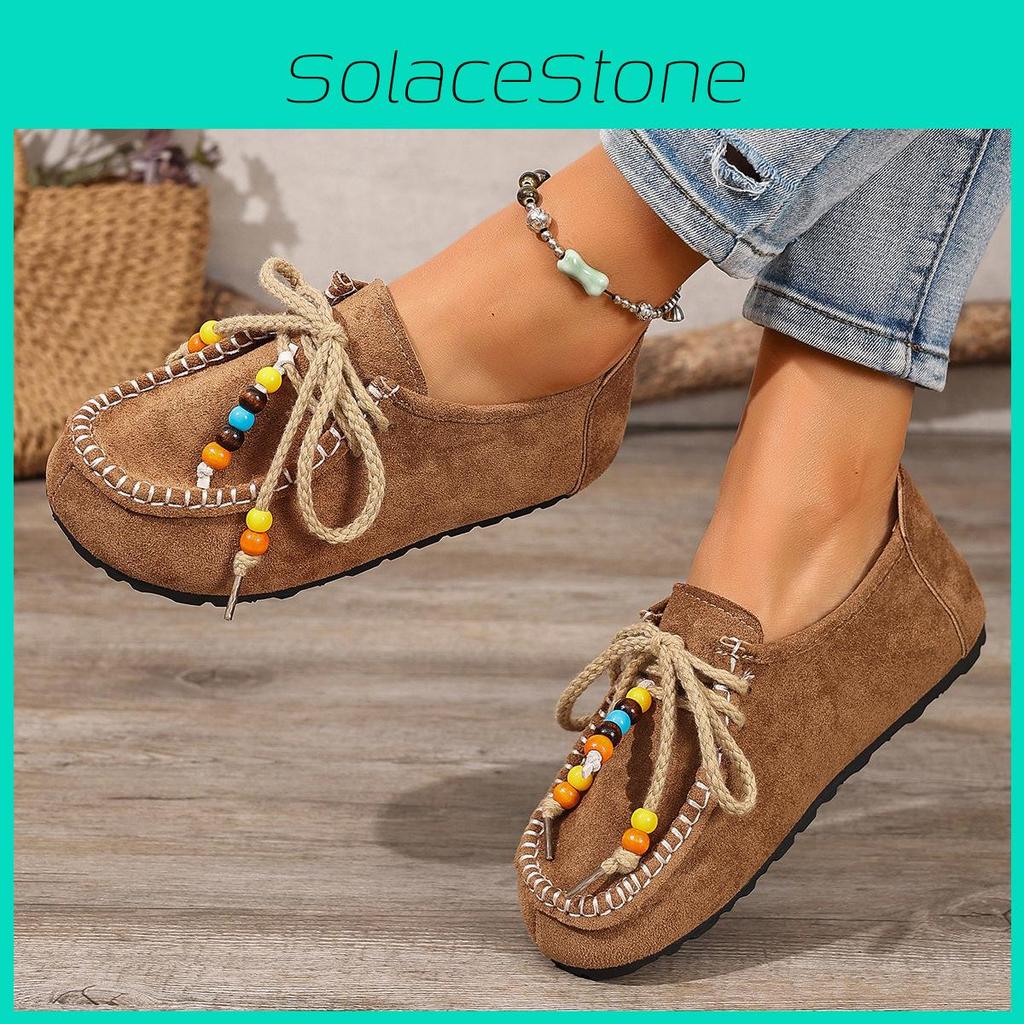 Retro Suede Flat Loafers For Women With Beaded Details Comfort Wear Footwear