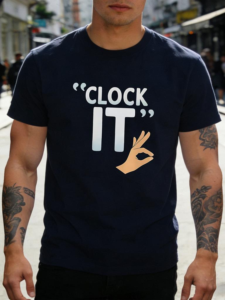 Unisex Navy Tee Clock It Ok Hand Gesture Text Print Short Sleeve Loose Casual Street Basic Top For Young Adult Male Daily Wear Fit