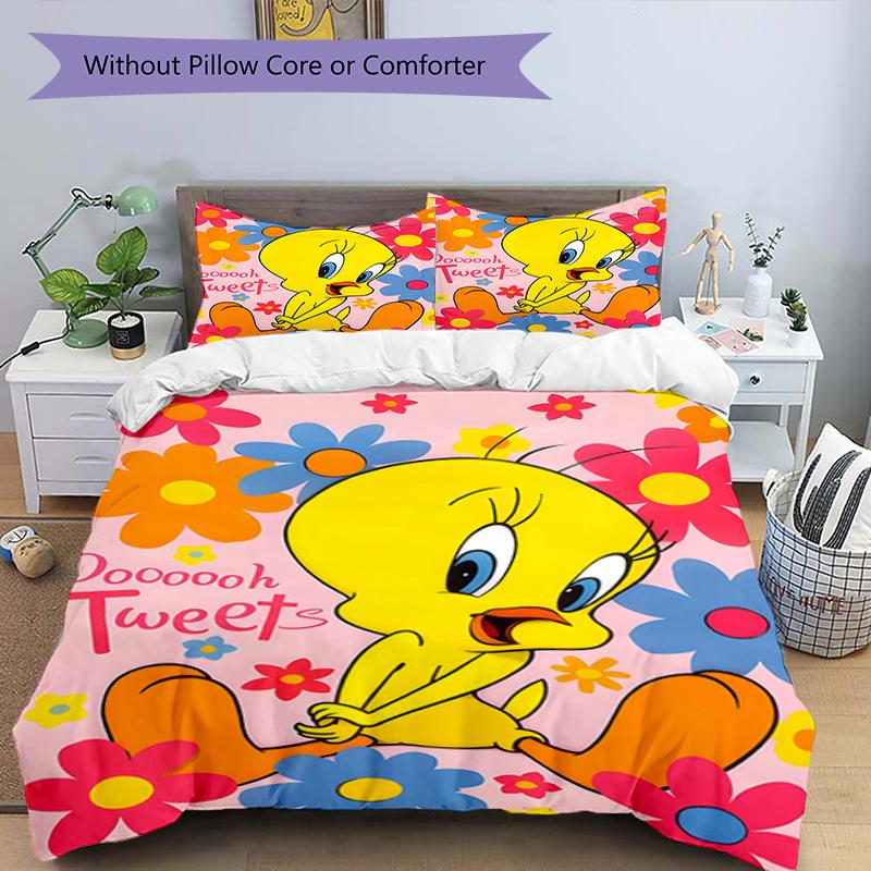 3pcs Tweety1 Design Cover Set - HD Printed Bedding with 1 Cover and 2 Pillowcases - Perfect for Home and Dorm Decor