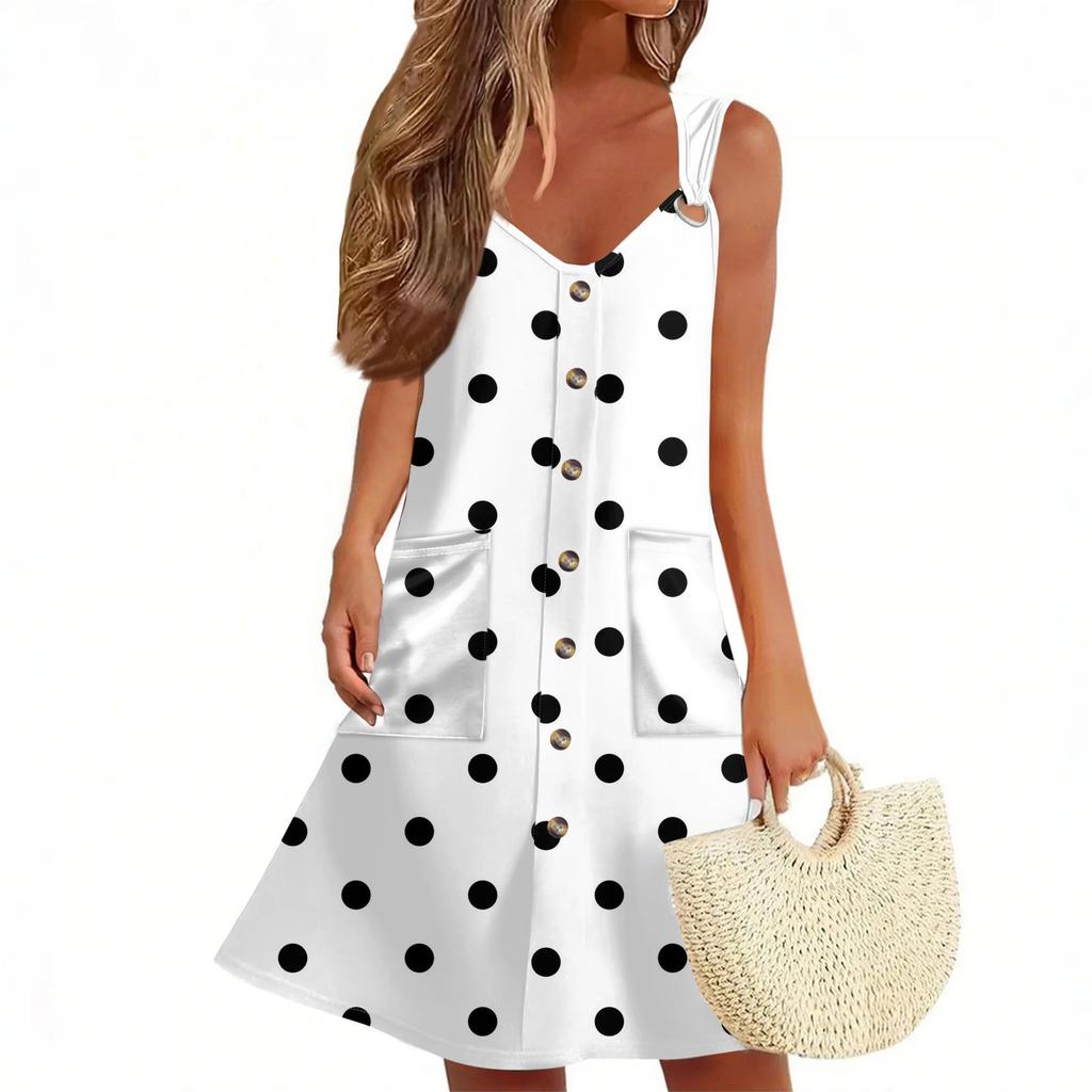Women's Summer Dress With Pocket Sleeveless Polka Dot Print Sundress