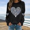 Women Tops Round Neck Long Sleeve Tee Shirt Shiny Sequins Heart Print Sweatshirt
