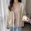Heart Shaped Button Women's Sweater V-neck Ruffled Pocket Long Sleeved Cardigan Korean Style Autumn New Version Sweet Woman Top