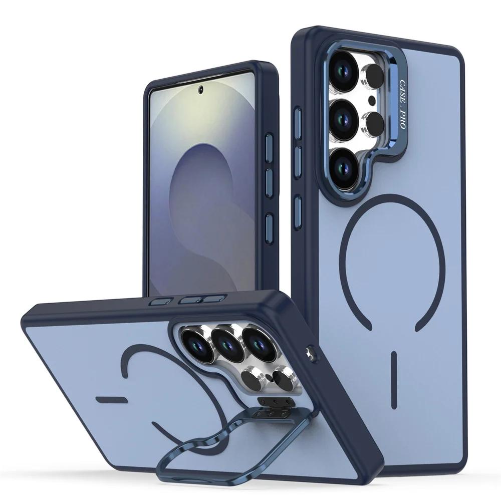 For Magsafe Magnetic Metal Stand Case For Samsung S26 S25 S24 Ultra Plus S25FE S24FE A37 A56 A36 A26 A16 Liquid Silicone Cover