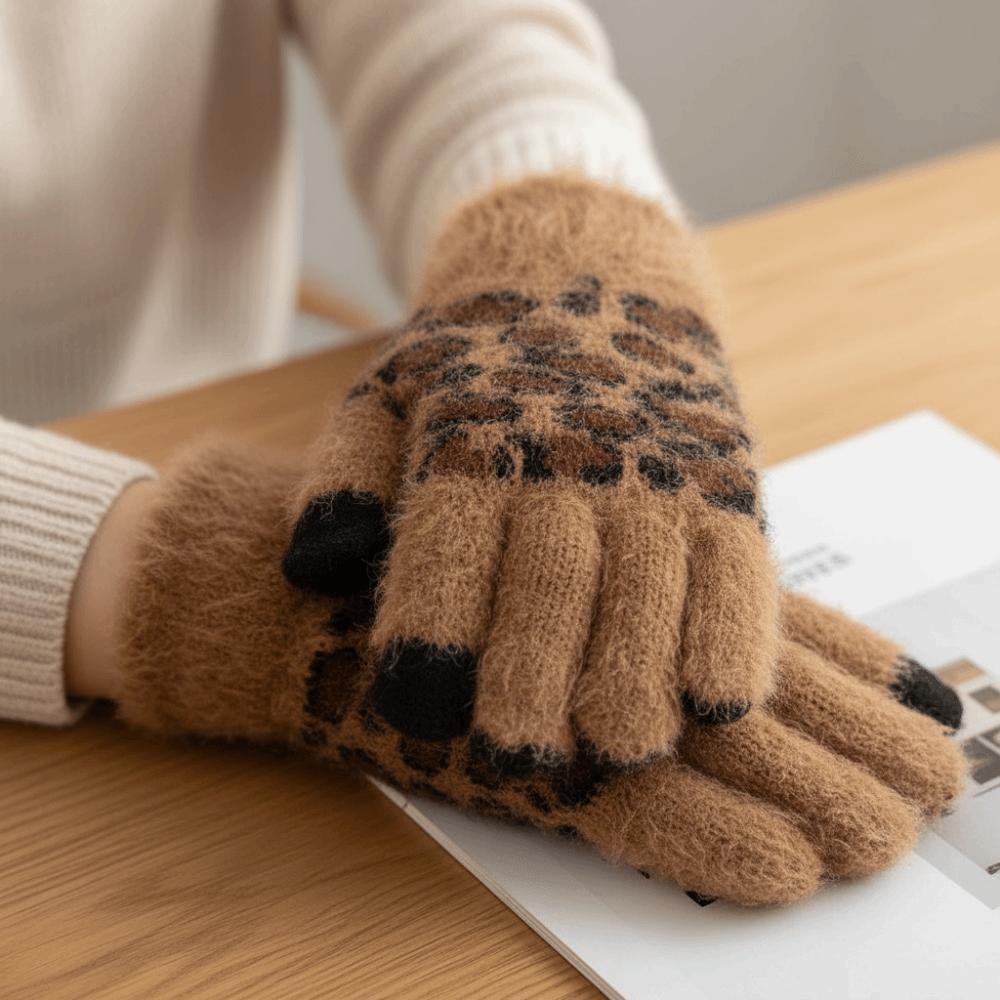 Touch Screen Warm Gloves Leopard Print Student Gloves Warm Skiing Gloves Outdoor Cycling