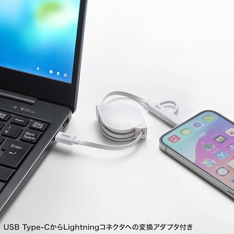 Sanwa Supply USB2.0 Type-C Retractable Cable (with Lightning Conversion Adapter) KB-IPLTCM08W