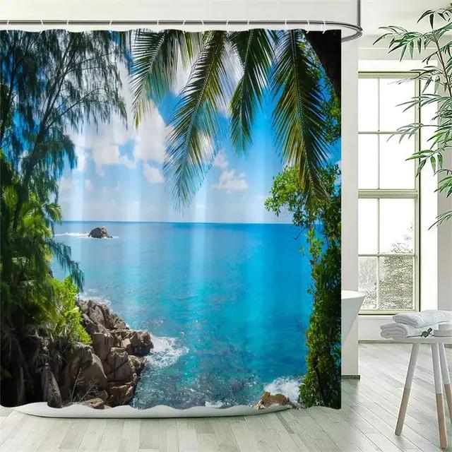 Ocean Landscape Shower Curtain Beach Palm Trees Parrots Dolphins Sea Waves Nature Scenery Bath Curtains Fabric Bathroom Decor