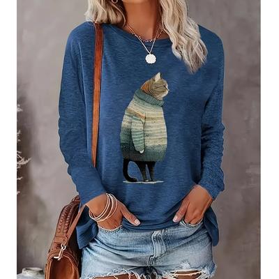 2025 Осень и Зима Женский Новый Повседневный Топ с Круглым Вырезом и Длинным Рукавом с 3D-Принтом Кошки