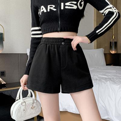 Осенне-зимние шерстяные широкие шорты для женщин, повседневные шорты трапециевидной формы с высокой талией, черные, коричневые винтажные корейские модные женские одежды