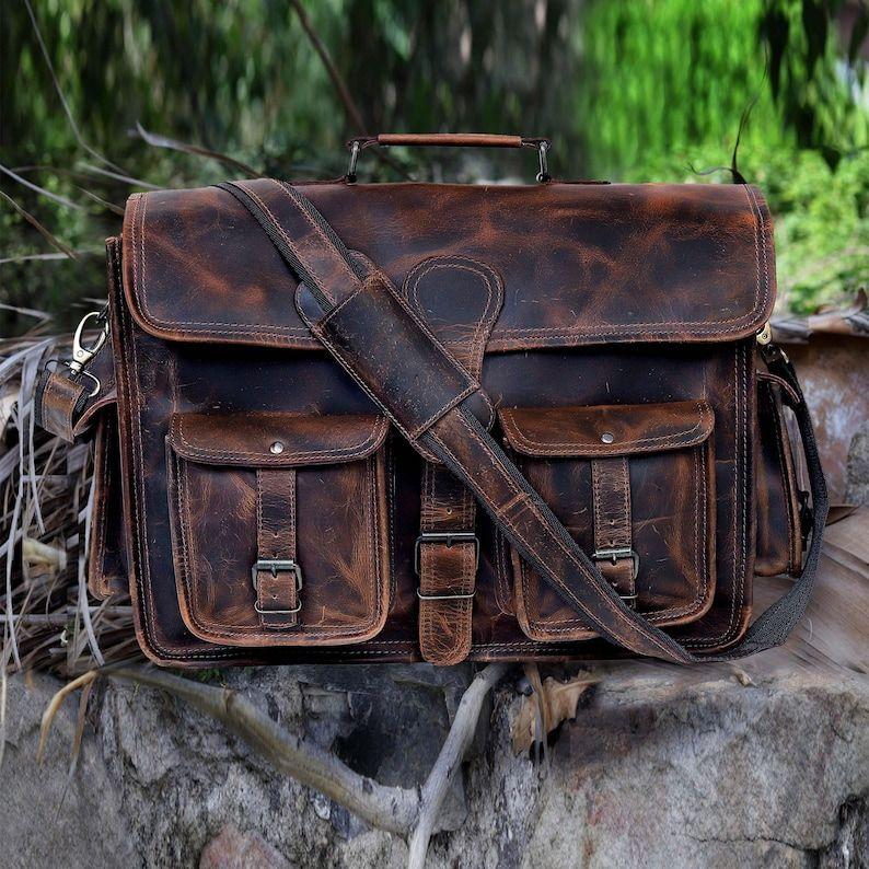 Handmade Leather Messenger Bag Full Grain Buffalo Leather Office Briefcase Bag for Men and Women Leather Laptop Bag Satchel Shoulder Bag