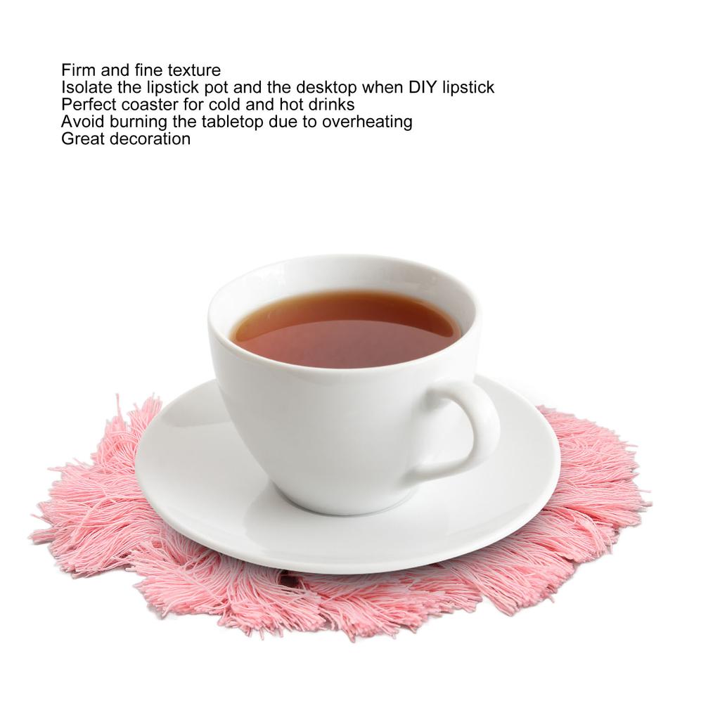 4pcs Cotton Thread Woven Drink Coasters with Tassel Round Pure Color Elegant   Lipstick Pot Pads Mats