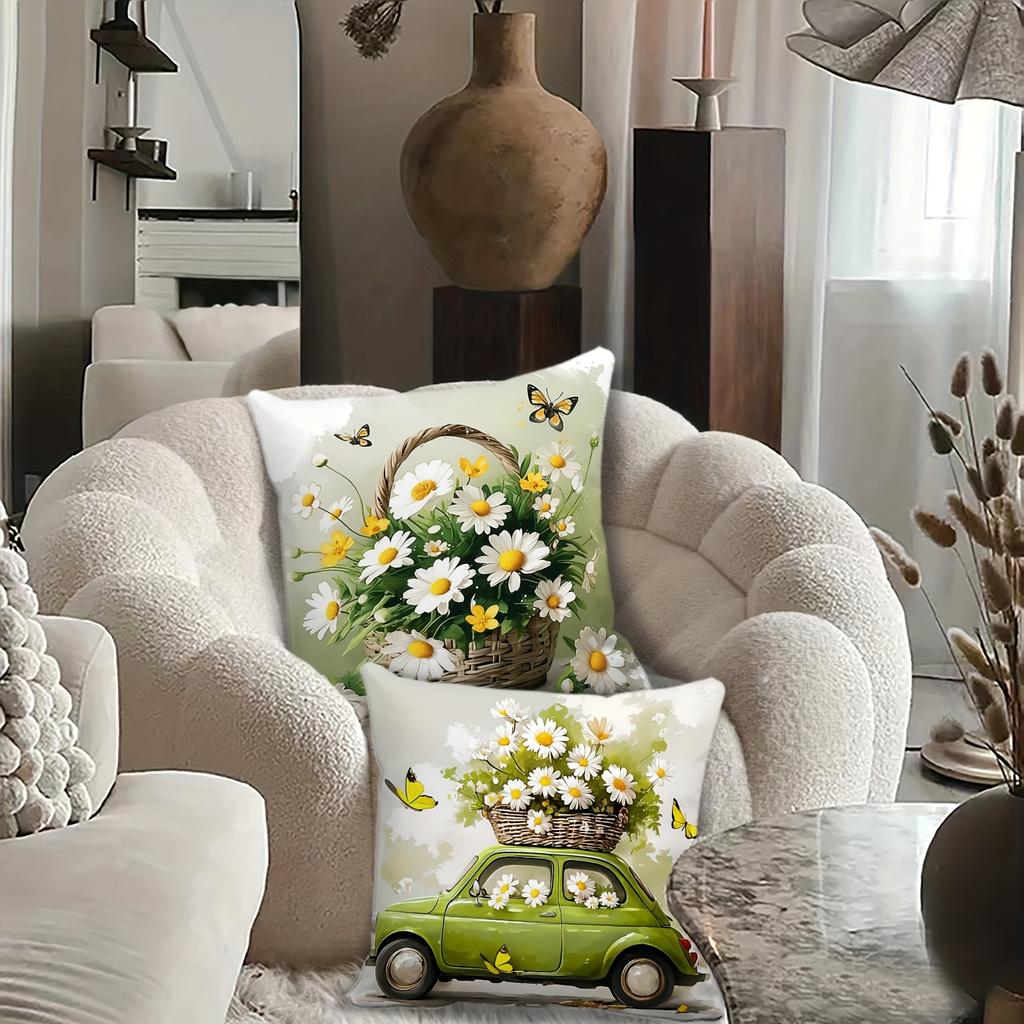 4Pcs Pillowcase Set, Pastoral Fresh Style, Green Tone, Daisy Theme, Wicker Basket, Butterfly, Vintage Green Car, Bicycle, Straw