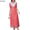 Women Casual Round Neck Short Sleeve Summer Lace Patchwork Long Dress