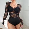 Сексуальное европейское и американское кружевное лоскутное прозрачное боди - Стиль горячей девушки, длинный рукав и облегающий дизайн