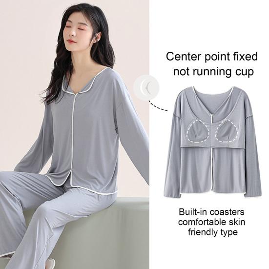 2 Pcs/Set Women Pajamas Suit with Chest Pads Long Sleeves Loose Solid