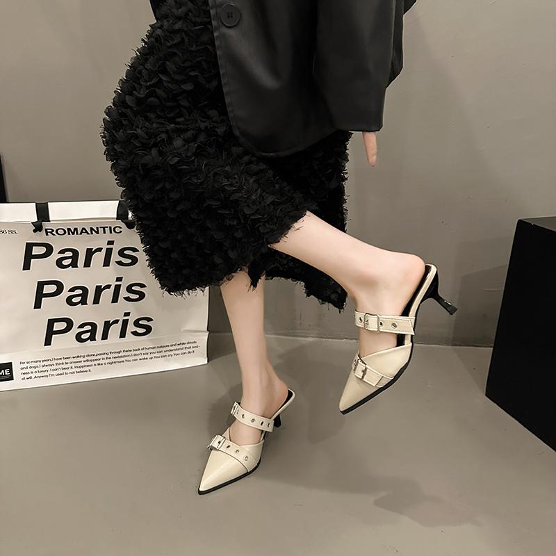 Мода Панк Готика Металлическая Пряжка Высокий Каблук Женские Сандалии Лето 2024 Острый Носок Серебристые Туфли для Вечеринки Мода Женские Туфли-Лодочки