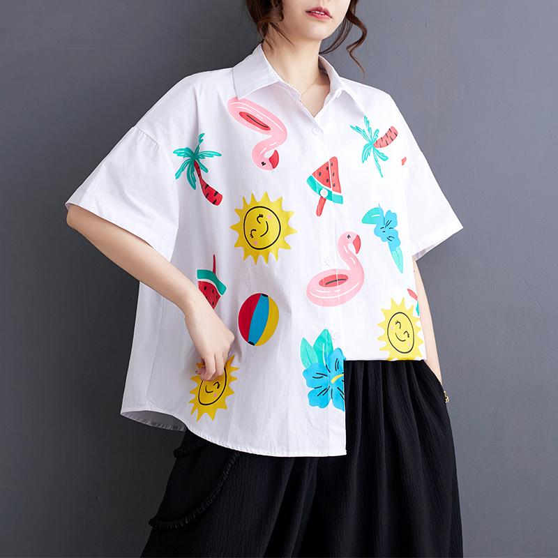DIMANAF 2025 Plus Size New Summer Style Blouse Vintage Design Short Sleeve Colorful Casual Shirt Women Loose Shirt Geometric Print Shirt