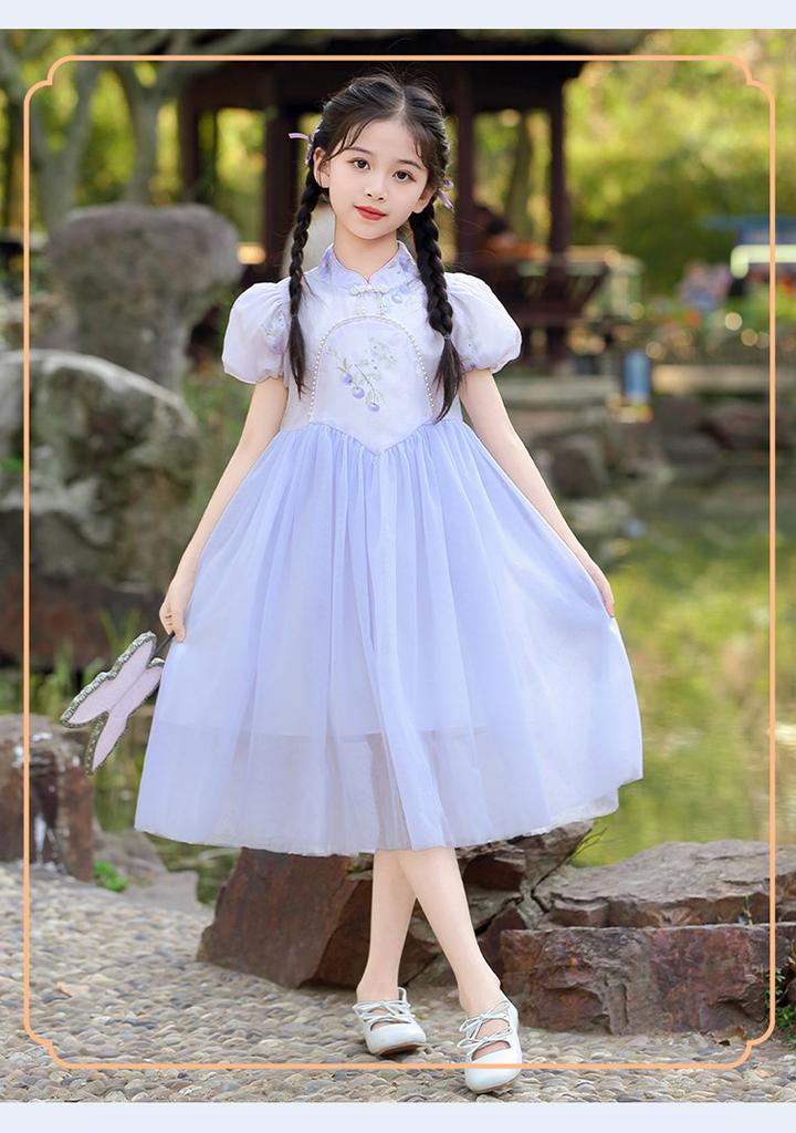 Summer girls' new Chinese style dress, medium size children's mesh qipao skirt, bubble sleeves princess skirt, girls' fashion