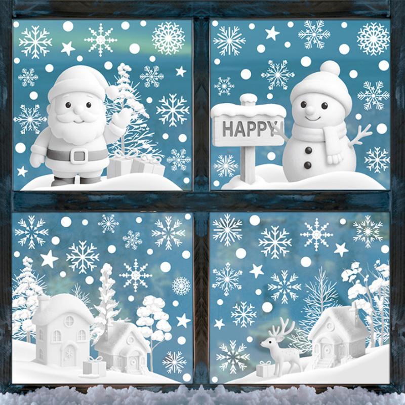 Christmas Decorations, White Snowflakes, Snowmen, Static Cling Stickers, Shop Window Decorations, Glass Stickers