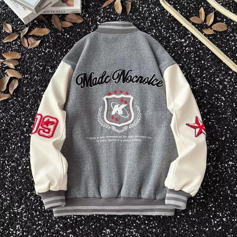 Unisex Oversized Baseball Jacket With Patchwork Embroidery Casual Streetwear Fall