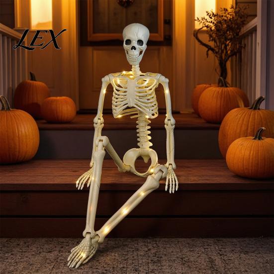 Scary Haunted House Decor 36 Inches LED Light Up Halloween Skeleton, 3FT Life Size Full Body Skeleton Props Posable Plastic Human Bones with