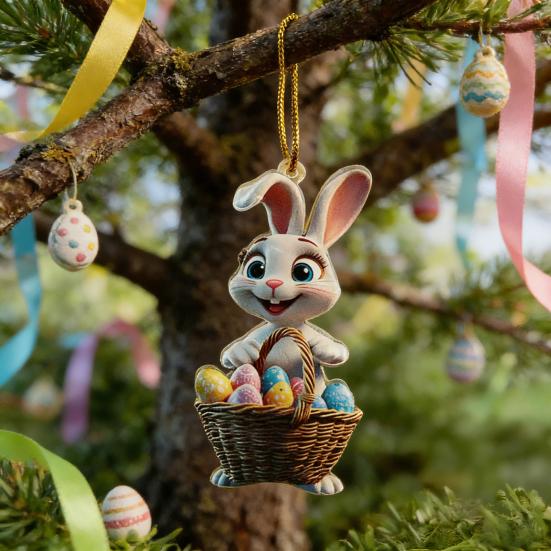 Easter Bunny Ornament 2D Flat Acrylic Bunny Car Rearview Mirror Charm Cartoon Bunny Egg Hanging