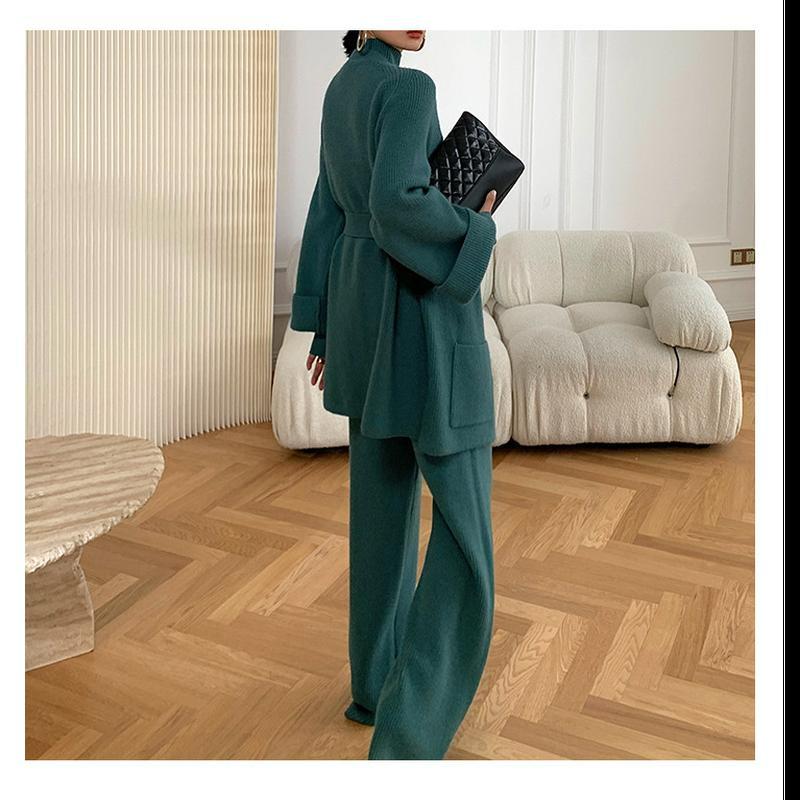 Женский весенне-осенний и зимний повседневный комплект из трикотажных брюк, однотонное утепленное пальто + широкие брюки, комплект из трех предметов