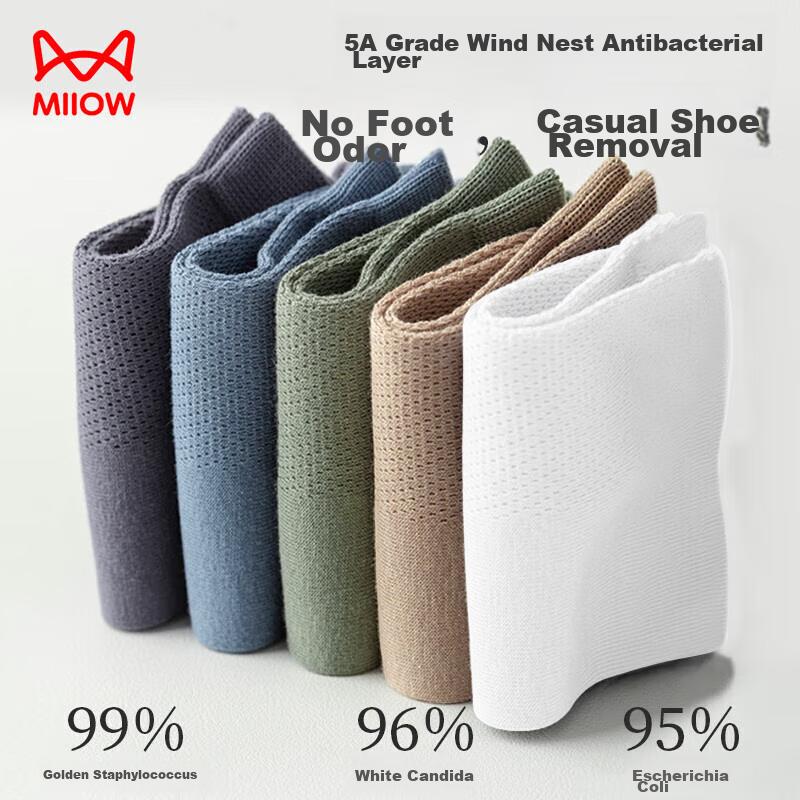 MiiOW 6 Pairs [100% Pure Cotton, Odor-Resistant, ] Men's Socks, Summer Boat Socks, Short Socks, Breathable Mesh Socks for Me