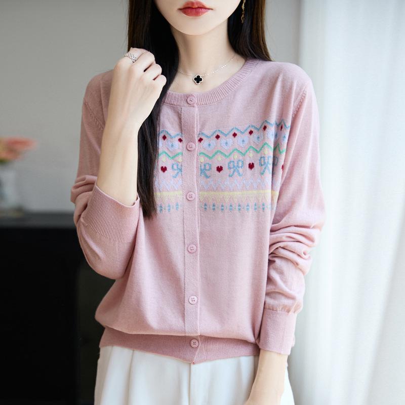 Women's Autumn 2025 Jacquard Round Neck Long Sleeve Knit Cardigan Jacket