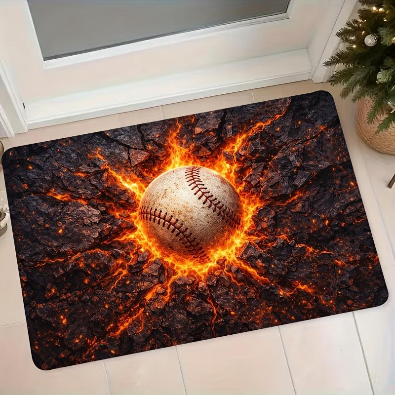 1pc Non-Slip Absorbent Baseball Magma Flame Floor Mat Suitable for Bedroom & Living Room, Machine Washable Soft Flannel with Crack Pattern, Modern Ent