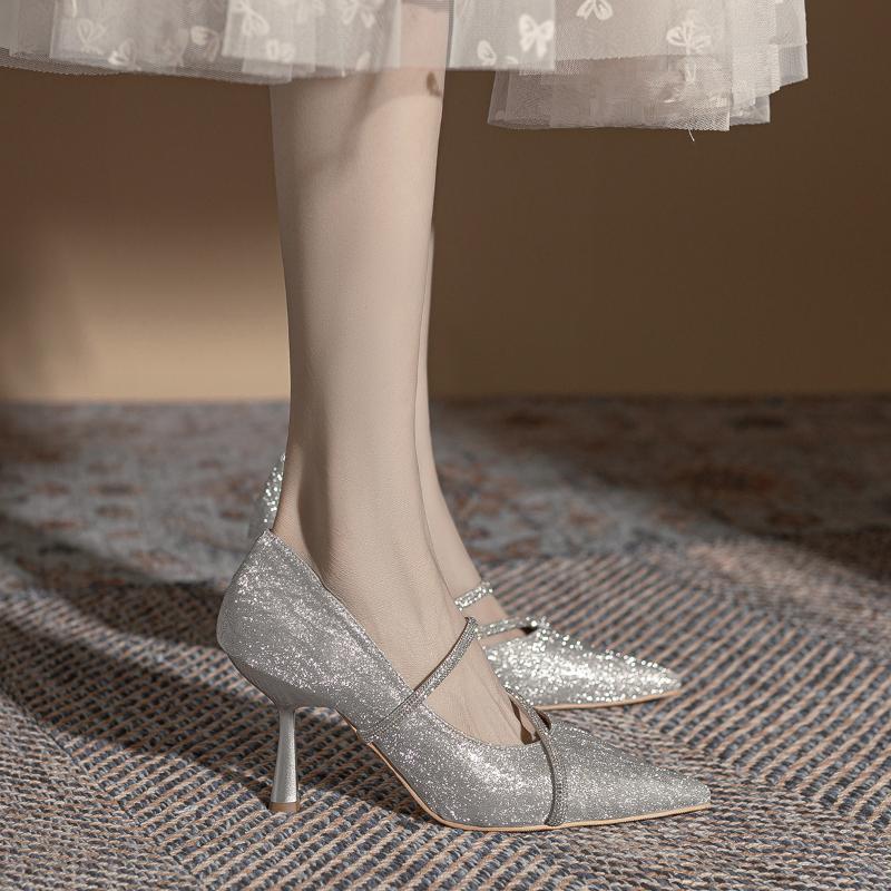 Women's Fashion Luxury Rhinestone Pumps Women New Spring Silver High Heel Sexy Pointed Pumps Elegant Party Ladies Wedding Shoes