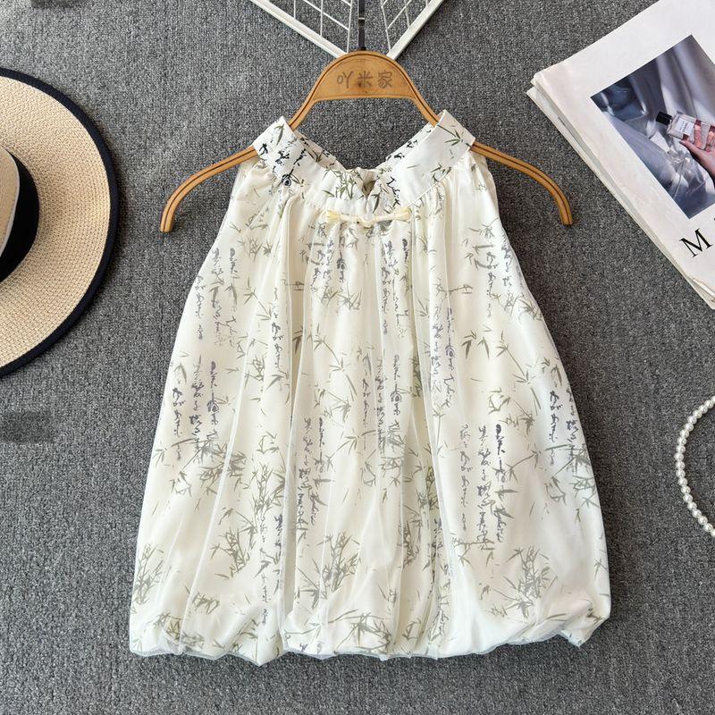 Graceful Bow Halter Lace-up Sleeveless Chiffon Blouses for Women Summer National Style Print Camisole Western Style Small Shirt