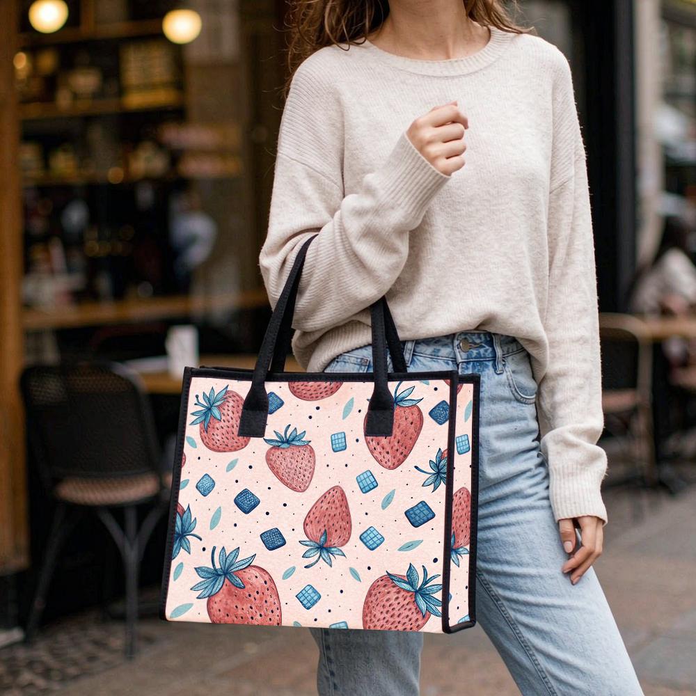 Strawberry Printed Tote Bag Fashion Casual Shoulder Handbag for Daily Use