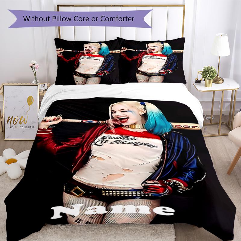 3pcs Custom Name Harley Quinn Bedding Set Duvet Cover Closure Includes 1 Duvet Cover & 2 Pillowcases, Soft and Comfortable for All Seasons.