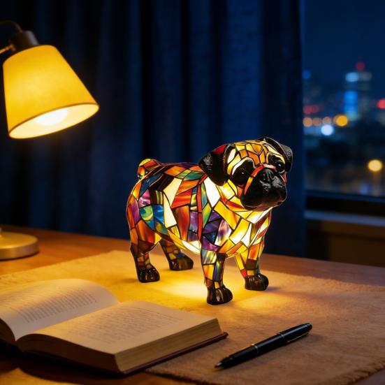 Rainbow Pup Night Light Handmade Vintage Dyed Resin 3D Puppy Lamp USB Powered Soft Warm LED Non-Glaring Decorative Gift for Dog Lovers Bedroom Desk